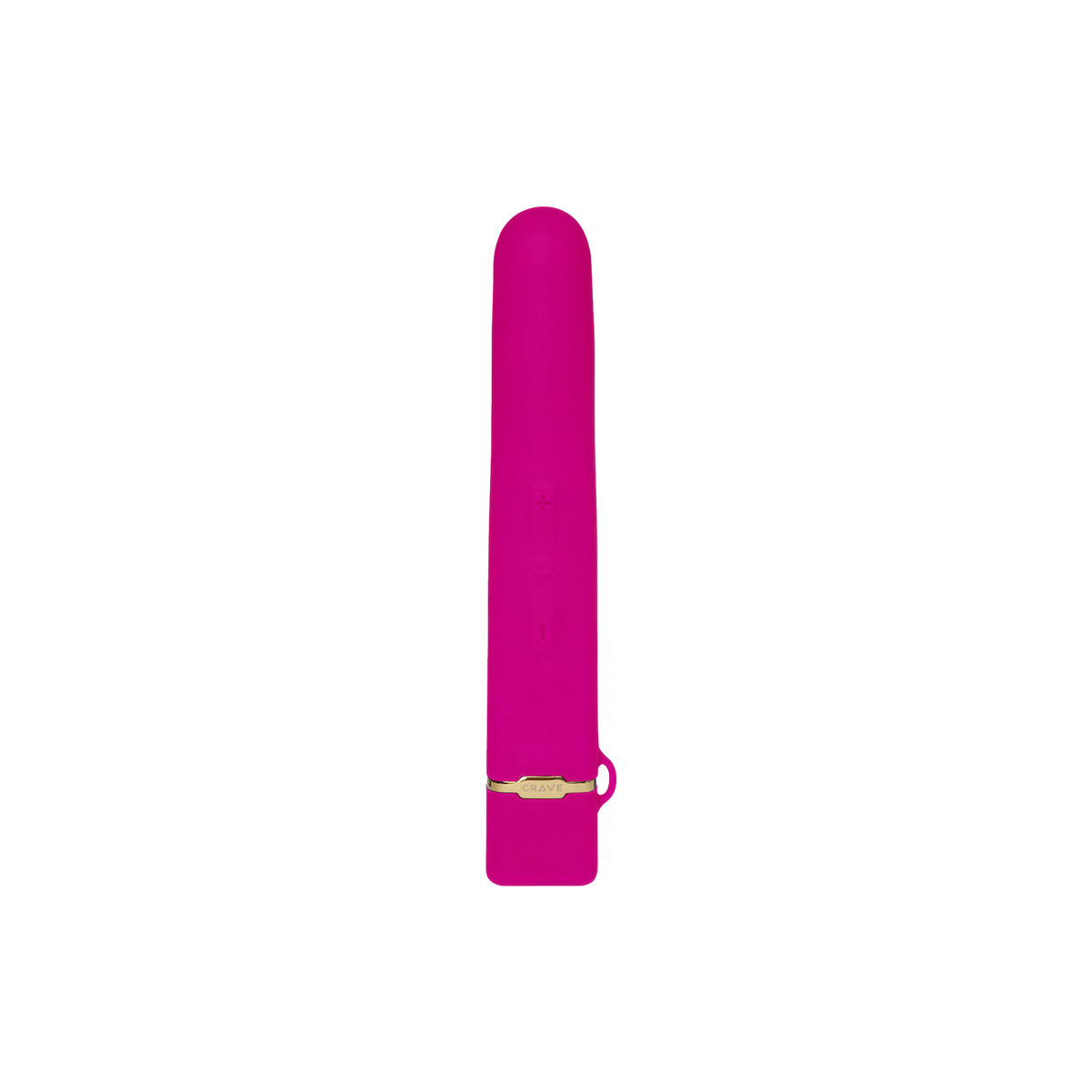 Pink rechargeable silicone vibrator standing upright on a white background