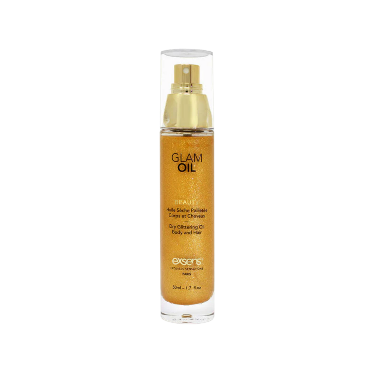 Bottle of Glam Oil dry glitter body oil with golden shimmer”