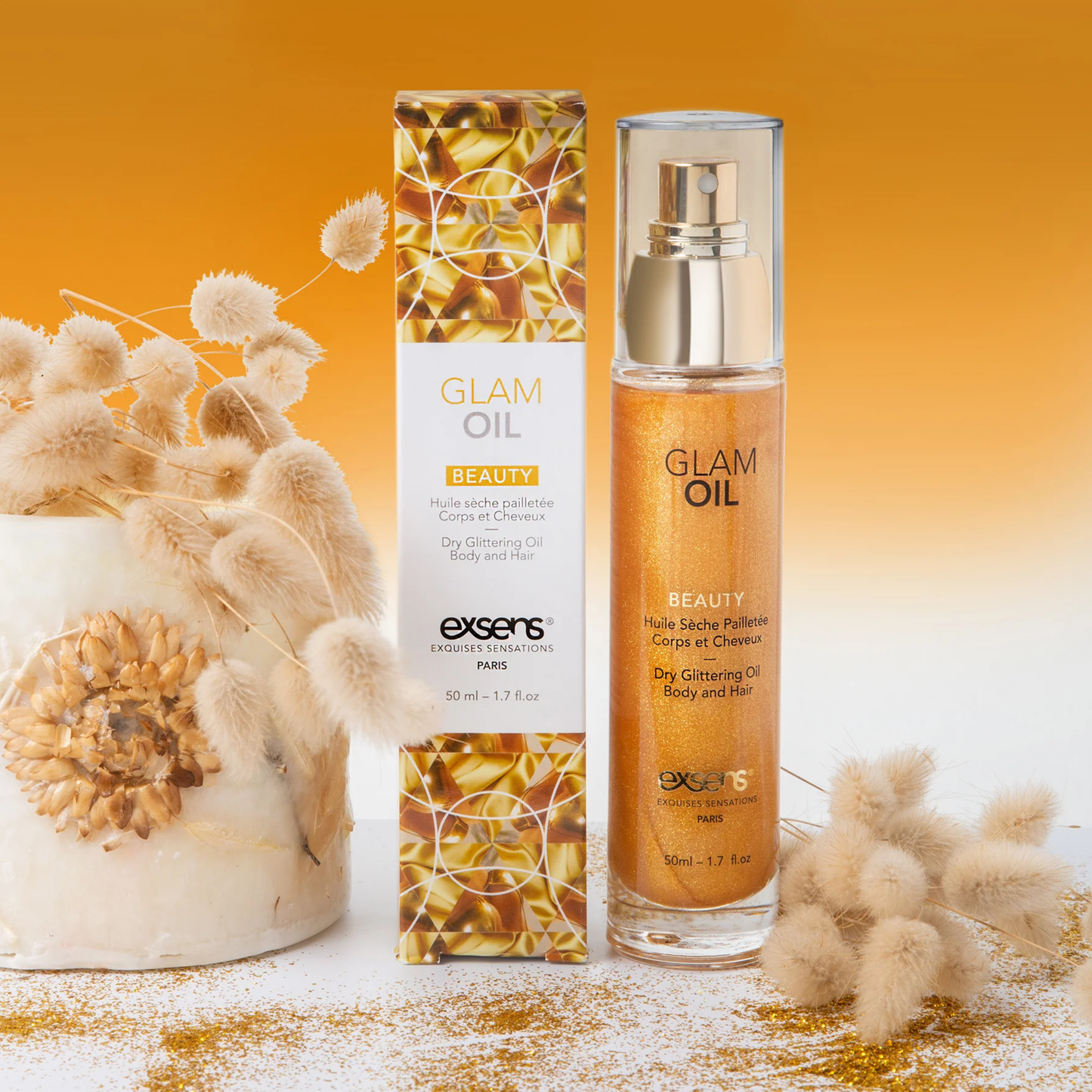 Glam Oil shimmering dry body and hair oil with eco-friendly glitter