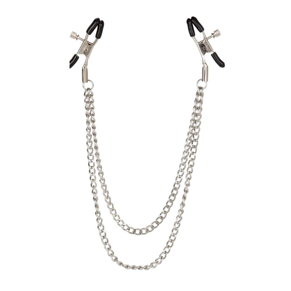 Tiered Nipple Clamps with connected silver chain and adjustable tips displayed in packaging.