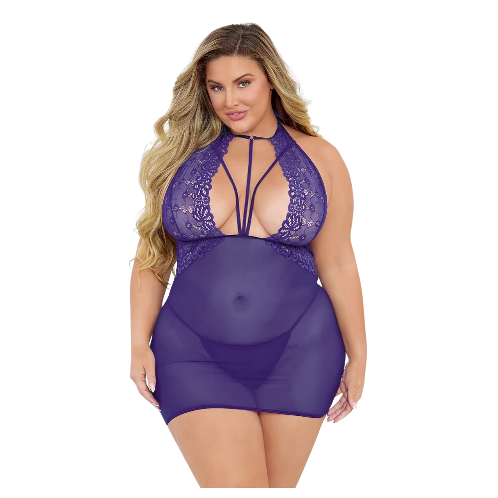 Front view of Midnight Muse plus-size lace and mesh chemise in midnight purple
