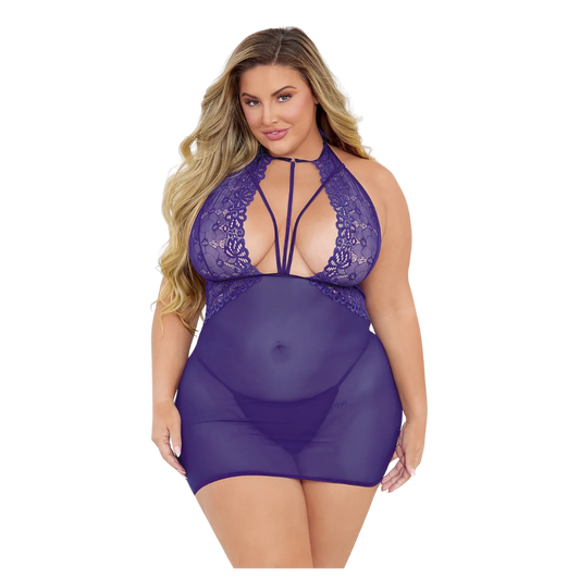 Front view of Midnight Muse plus-size lace and mesh chemise in midnight purple