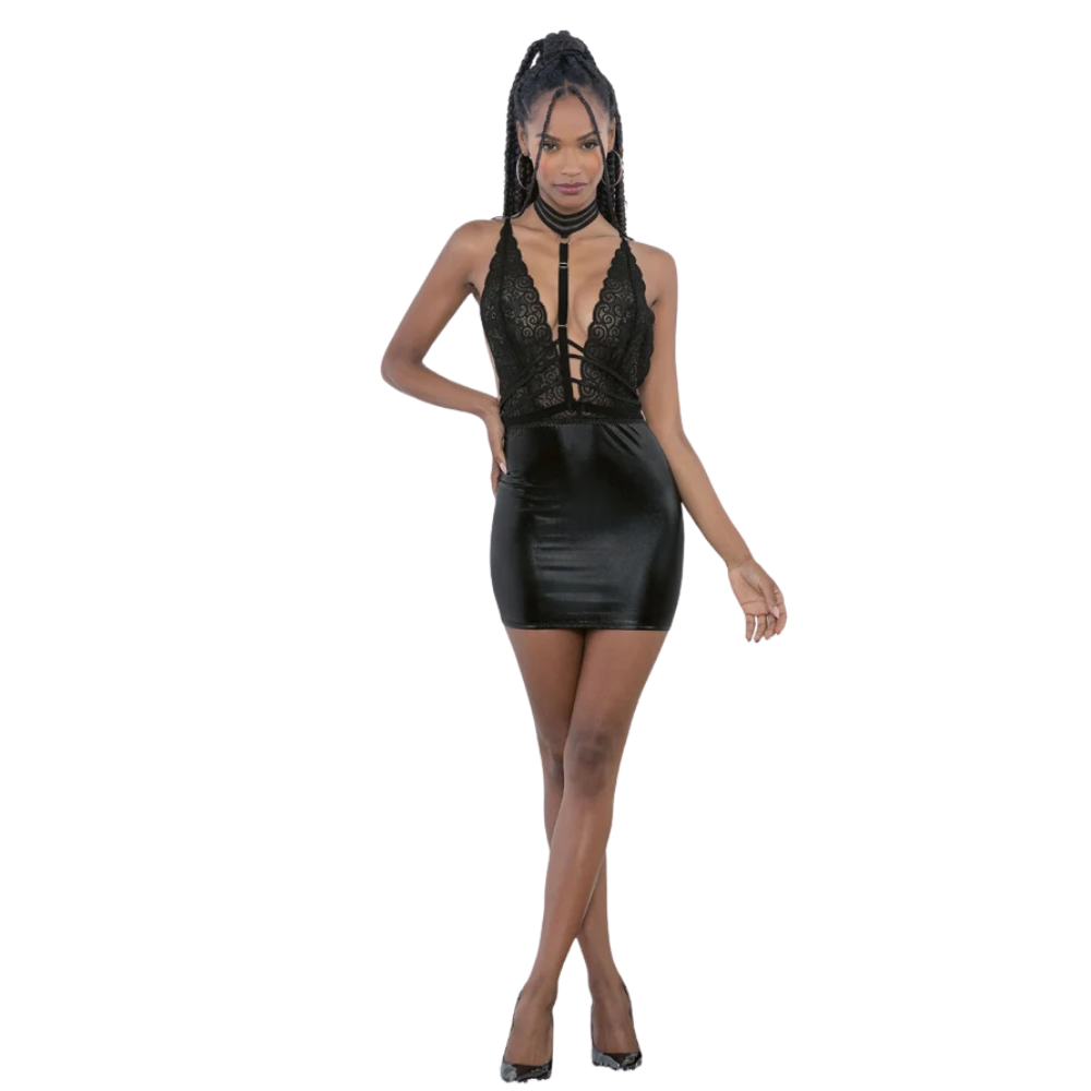 Front view of the Talk Dirty black wet-look lace chemise with chest harness