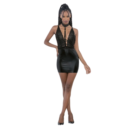 Front view of the Talk Dirty black wet-look lace chemise with chest harness