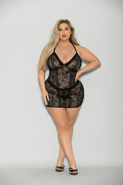 Front view of the Boss Lady black lace chemise and matching thong set