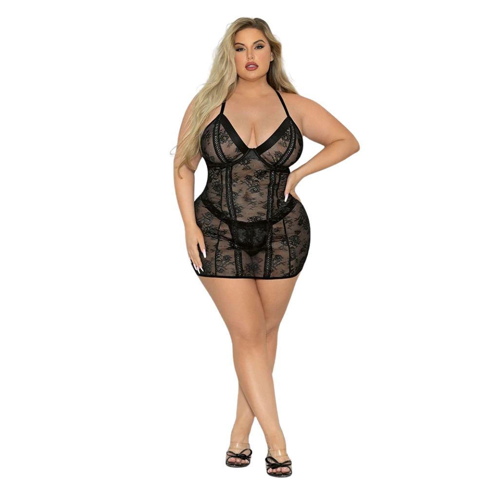 Front view of the Boss Lady black lace chemise and matching thong set
