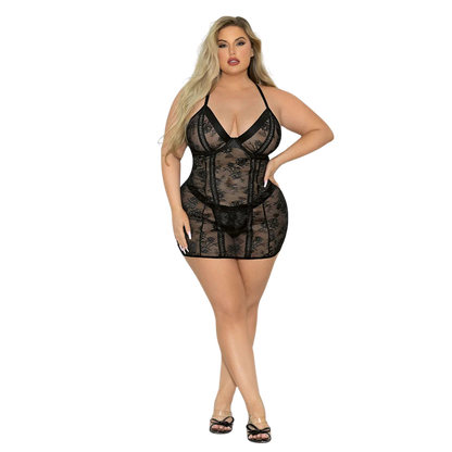 Front view of the Boss Lady black lace chemise and matching thong set
