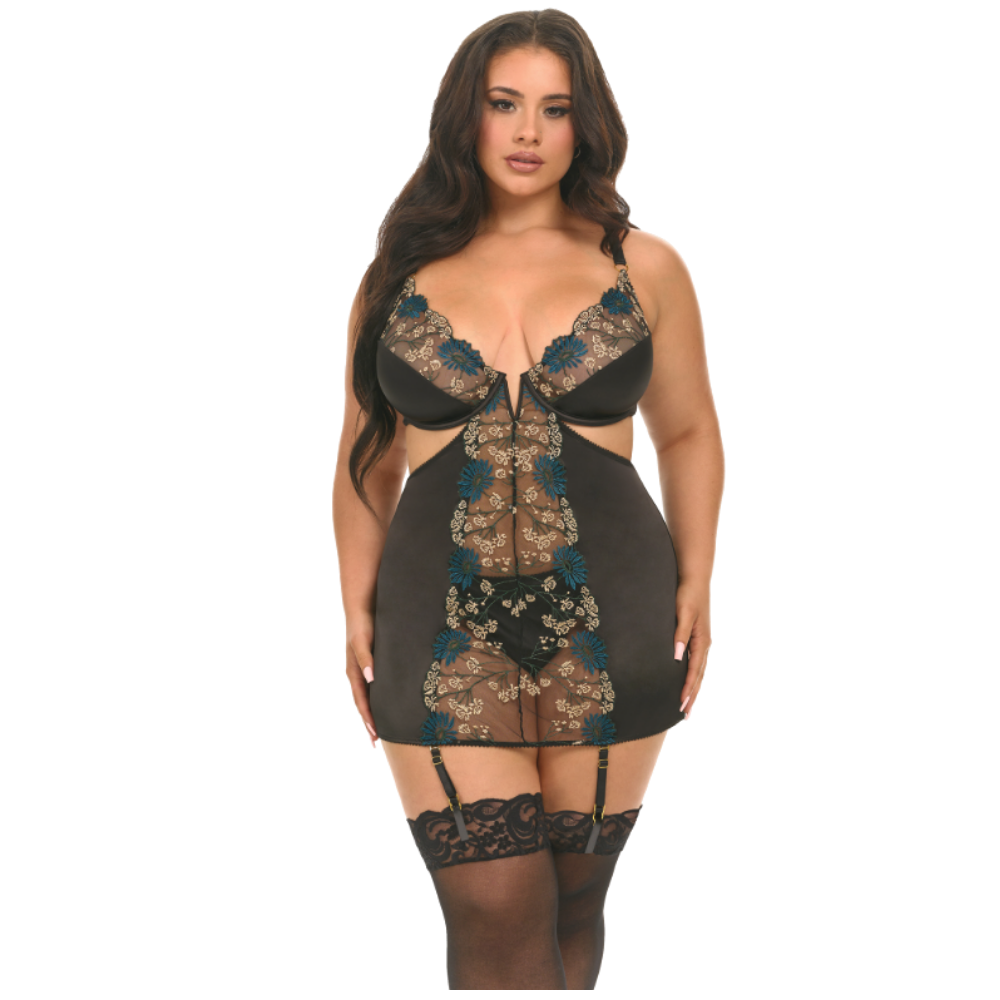 Plus size embroidered fitted babydoll with sheer mesh and keyhole details