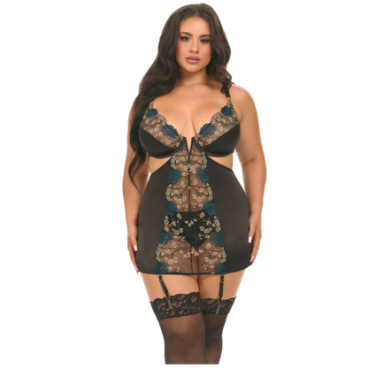 Plus size embroidered fitted babydoll with sheer mesh and keyhole details