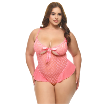 Plus size Pink Lemonade open-cup underwire teddy with flocked diamond mesh and ruffle details