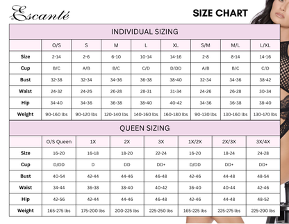 A size chart table titled 'ESCANTE SIZE CHART' with individual and queen sizing information in a grid format, with a partial photo of a woman in the top right corner.