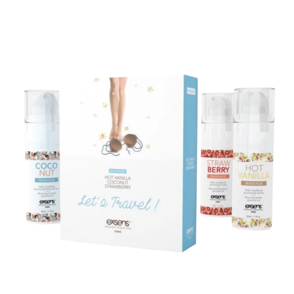 Exsens Let's Travel Kit with three travel-size warming intimate gels in Strawberry, Hot Vanilla, and Coconut flavors.