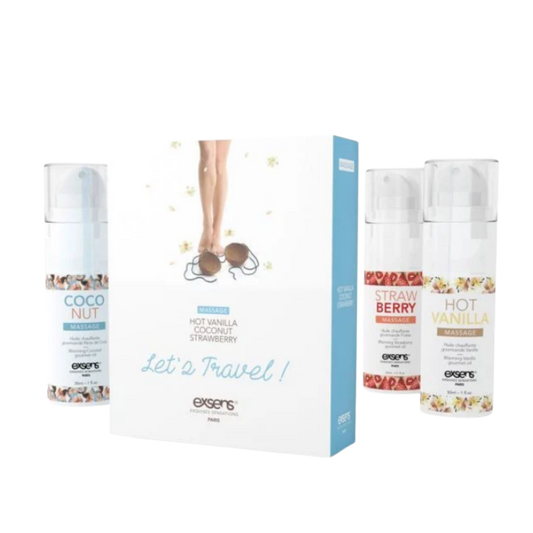 Exsens Let's Travel Kit with three travel-size warming intimate gels in Strawberry, Hot Vanilla, and Coconut flavors.