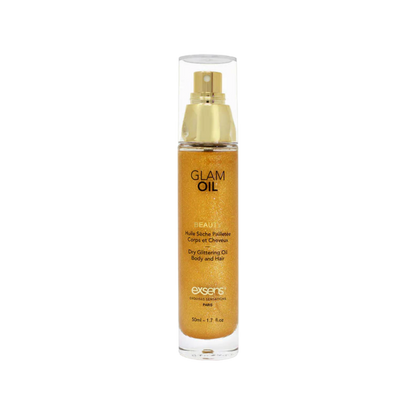 Bottle of Glam Oil dry glitter body oil with golden shimmer”
