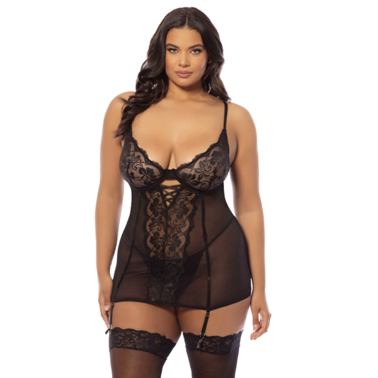 Kehlani Lace & Mesh Fitted Babydoll Set