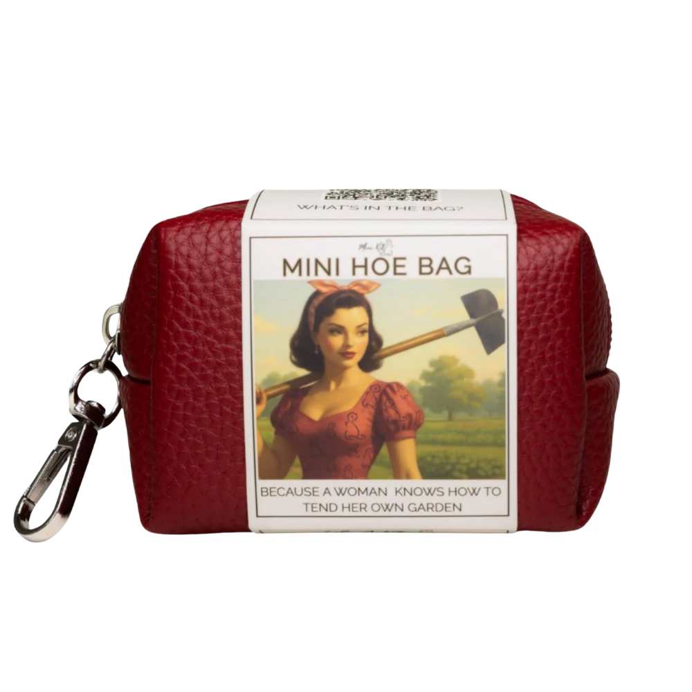 Like A Kitten Mini Hoe Bag travel pleasure kit in red zippered pouch with clip and vintage-inspired label.