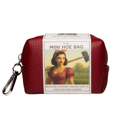 Like A Kitten Mini Hoe Bag travel pleasure kit in red zippered pouch with clip and vintage-inspired label.