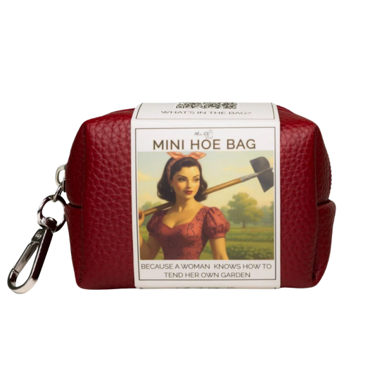 Like A Kitten Mini Hoe Bag travel pleasure kit in red zippered pouch with clip and vintage-inspired label.