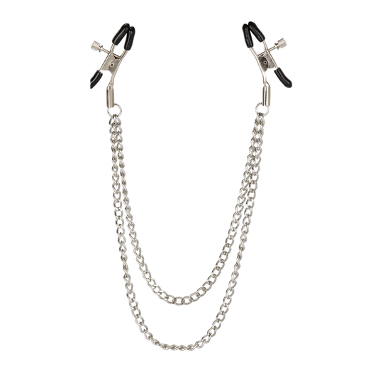  Tiered Nipple Clamps with connected silver chain and adjustable tips displayed in packaging.