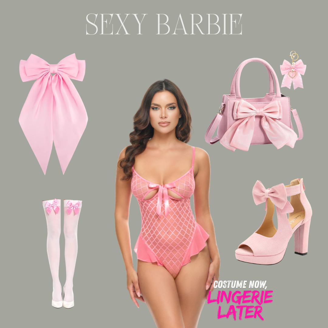 Aubrielle pink teddy styled as a Barbie-inspired costume with coordinating accessories