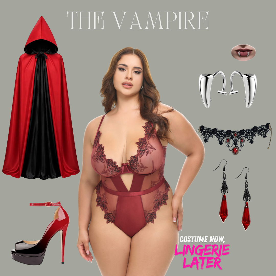 Nina teddy styled as a vampire costume with coordinating accessories